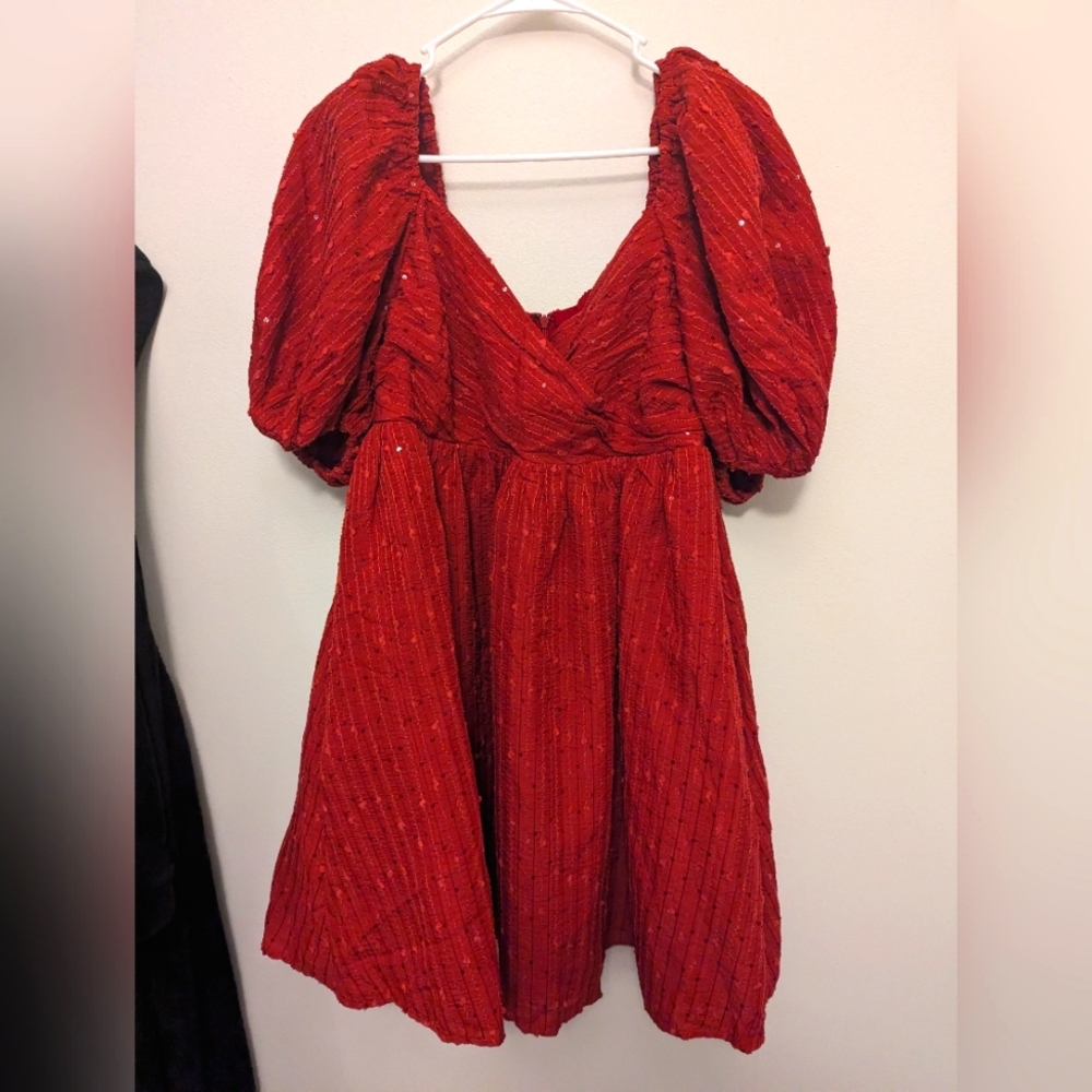 Dance & Marvel holiday party Christmas red puff sleeve babydoll dress size Large